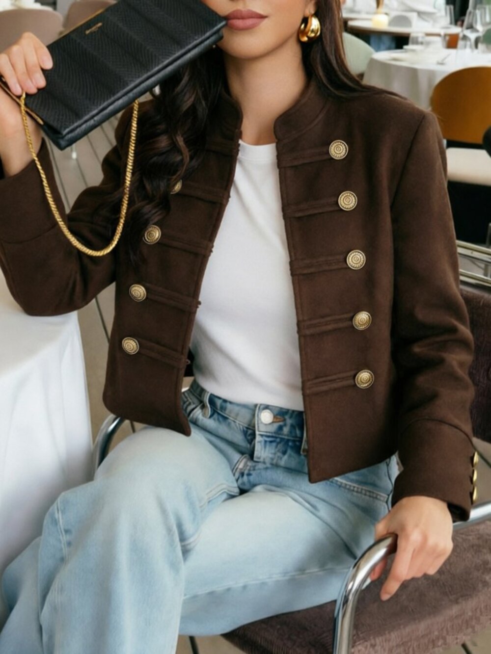 Coffee Brown Casual Women's Stand Collar Short Jacket